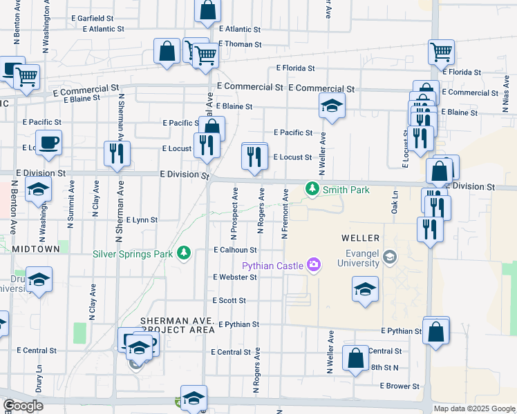 map of restaurants, bars, coffee shops, grocery stores, and more near in Springfield