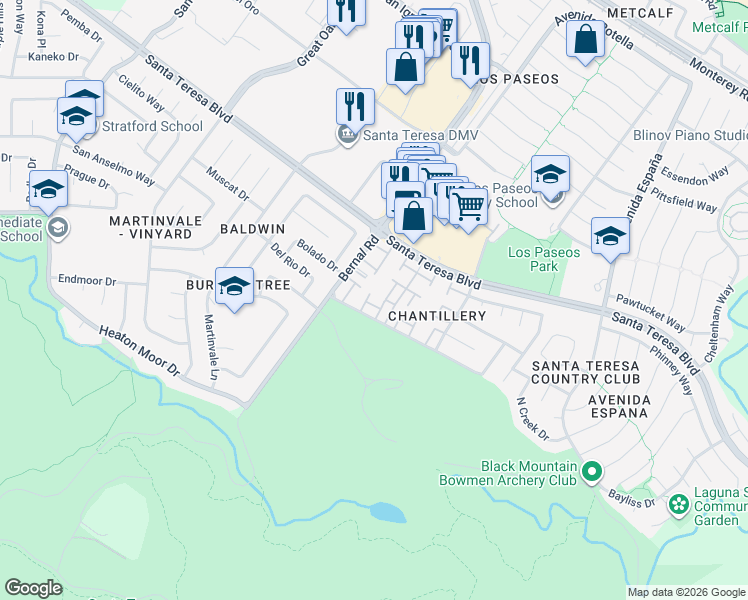 map of restaurants, bars, coffee shops, grocery stores, and more near 7108 Coral Gables Circle in San Jose