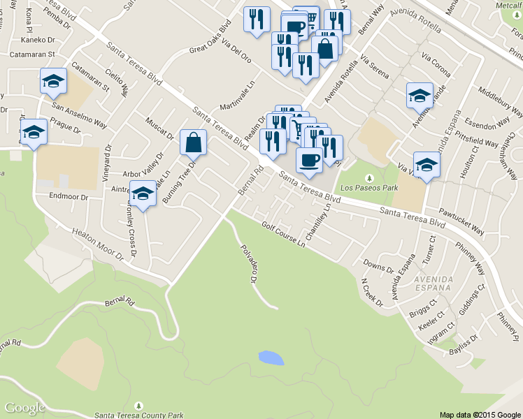 map of restaurants, bars, coffee shops, grocery stores, and more near 7108 Coral Gables Circle in San Jose