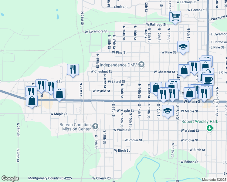 map of restaurants, bars, coffee shops, grocery stores, and more near West Myrtle Street in Independence