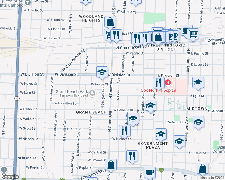 map of restaurants, bars, coffee shops, grocery stores, and more near 1416 North Grant Avenue in Springfield