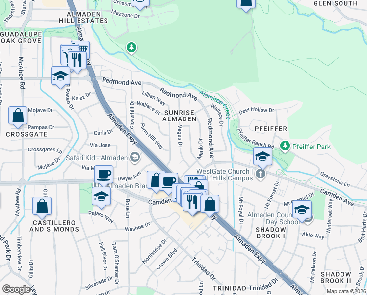 map of restaurants, bars, coffee shops, grocery stores, and more near 6380 Vegas Drive in San Jose