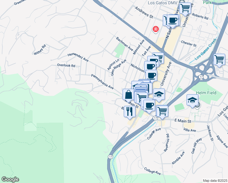 map of restaurants, bars, coffee shops, grocery stores, and more near 1 Bayview Avenue in Los Gatos