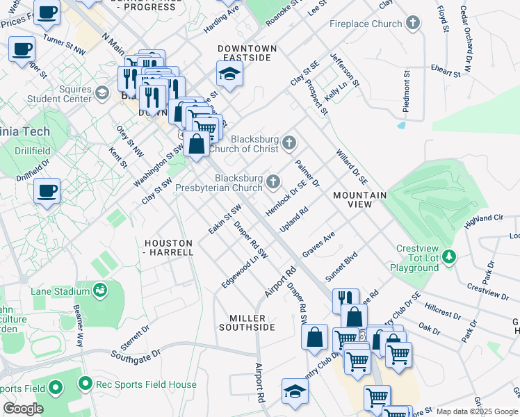 map of restaurants, bars, coffee shops, grocery stores, and more near 196 Hemlock Drive Southeast in Blacksburg