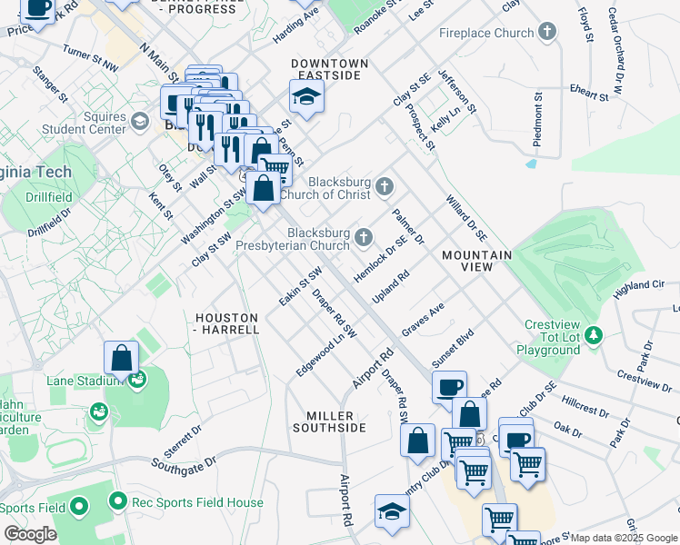 map of restaurants, bars, coffee shops, grocery stores, and more near 708 South Main Street in Blacksburg
