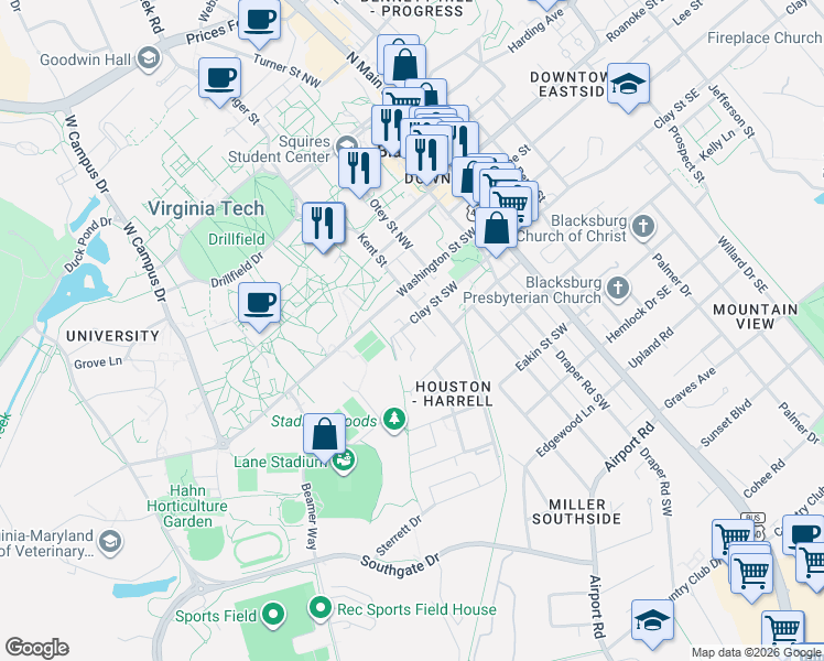 map of restaurants, bars, coffee shops, grocery stores, and more near 403 Ingles Court in Blacksburg