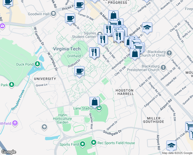 map of restaurants, bars, coffee shops, grocery stores, and more near 603 Washington Street Southwest in Blacksburg