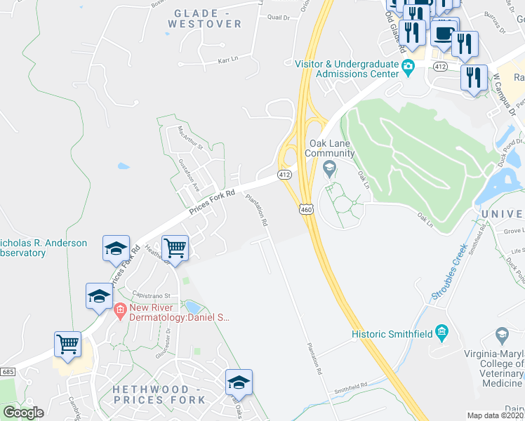 map of restaurants, bars, coffee shops, grocery stores, and more near 807 Plantation Road in Blacksburg
