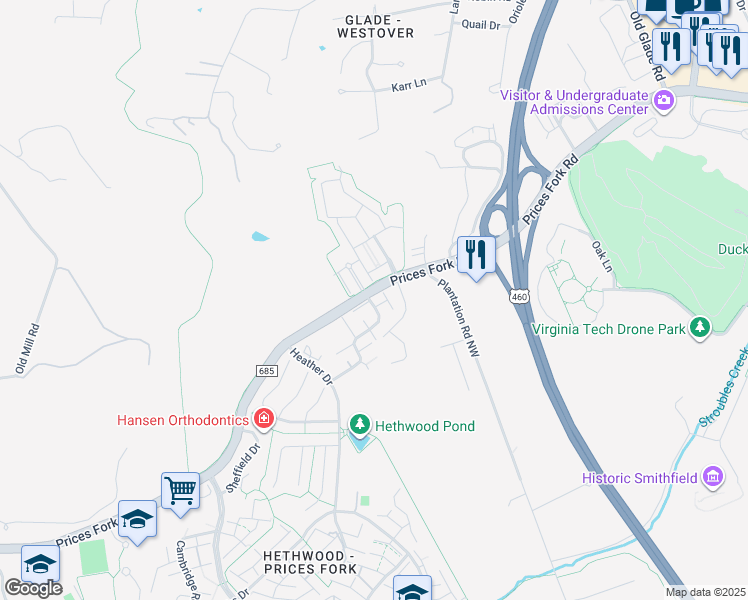map of restaurants, bars, coffee shops, grocery stores, and more near 202 Huntington Ln in Blacksburg