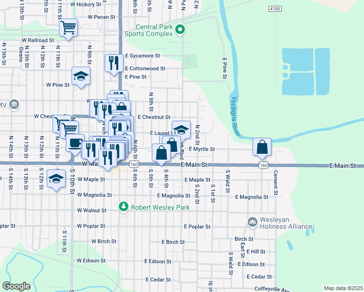 map of restaurants, bars, coffee shops, grocery stores, and more near 215 North Park Boulevard in Independence