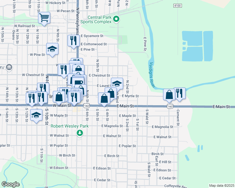 map of restaurants, bars, coffee shops, grocery stores, and more near 215 North Park Boulevard in Independence