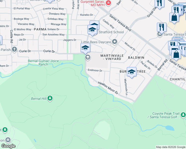 map of restaurants, bars, coffee shops, grocery stores, and more near 6792 Heaton Moor Drive in San Jose