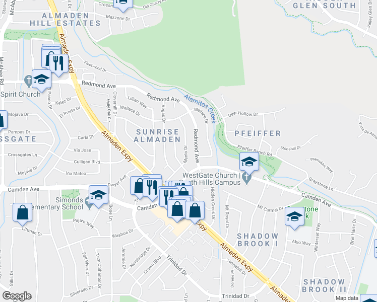 map of restaurants, bars, coffee shops, grocery stores, and more near 956 Redmond Avenue in San Jose
