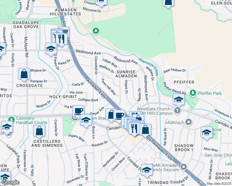 map of restaurants, bars, coffee shops, grocery stores, and more near 6402 Almaden Road in San Jose