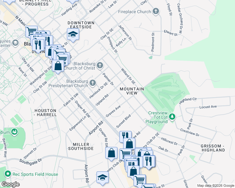map of restaurants, bars, coffee shops, grocery stores, and more near 313 Reynolds Avenue in Blacksburg