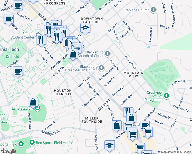 map of restaurants, bars, coffee shops, grocery stores, and more near 708 South Main Street in Blacksburg