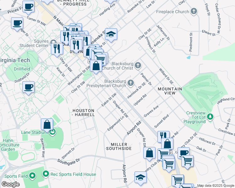 map of restaurants, bars, coffee shops, grocery stores, and more near 708 South Main Street in Blacksburg