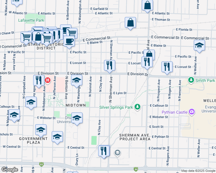 map of restaurants, bars, coffee shops, grocery stores, and more near 901-923 East Lynn Street in Springfield
