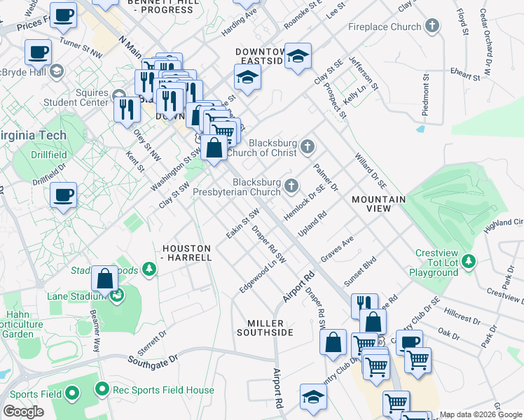 map of restaurants, bars, coffee shops, grocery stores, and more near 708 South Main Street in Blacksburg