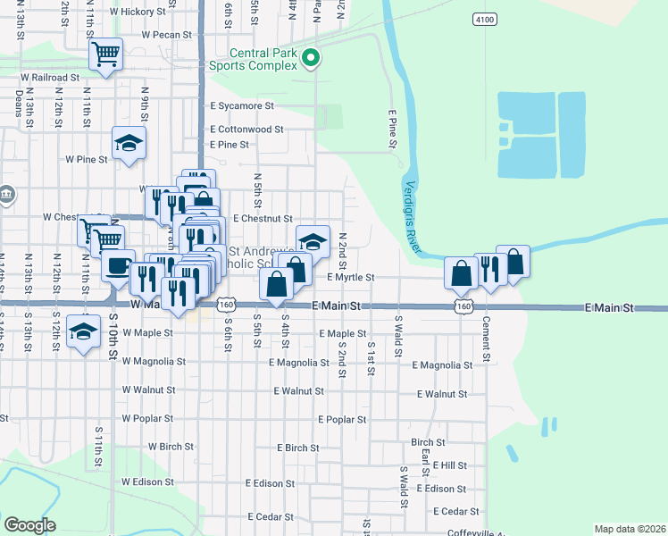 map of restaurants, bars, coffee shops, grocery stores, and more near 151-199 North 2nd Street in Independence