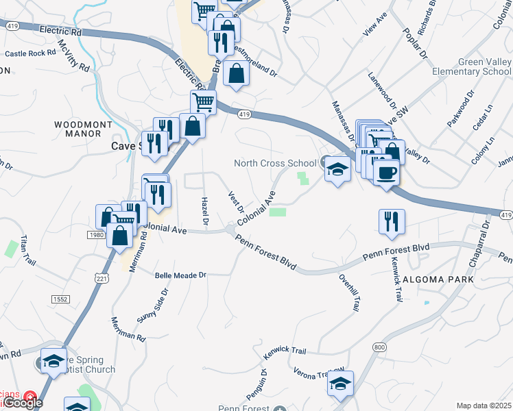 map of restaurants, bars, coffee shops, grocery stores, and more near 4523 Colonial Avenue in Cave Spring