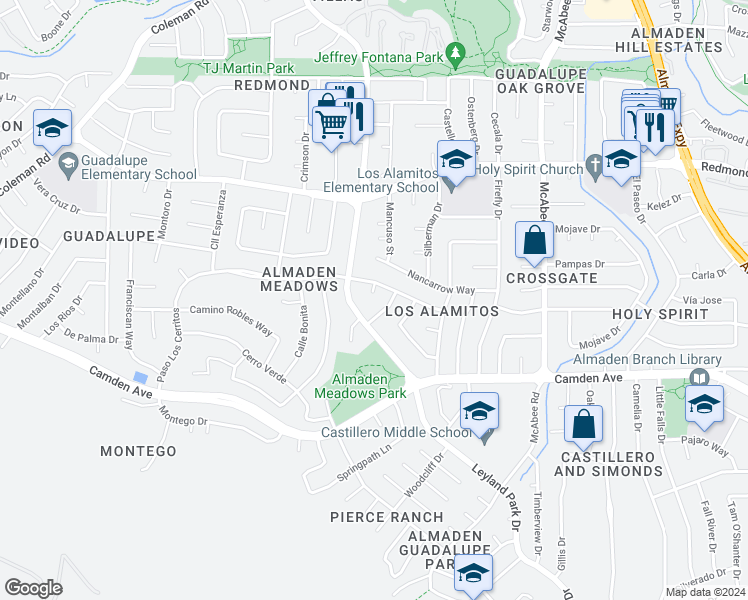 map of restaurants, bars, coffee shops, grocery stores, and more near 6222 Abbeyfield Court in San Jose
