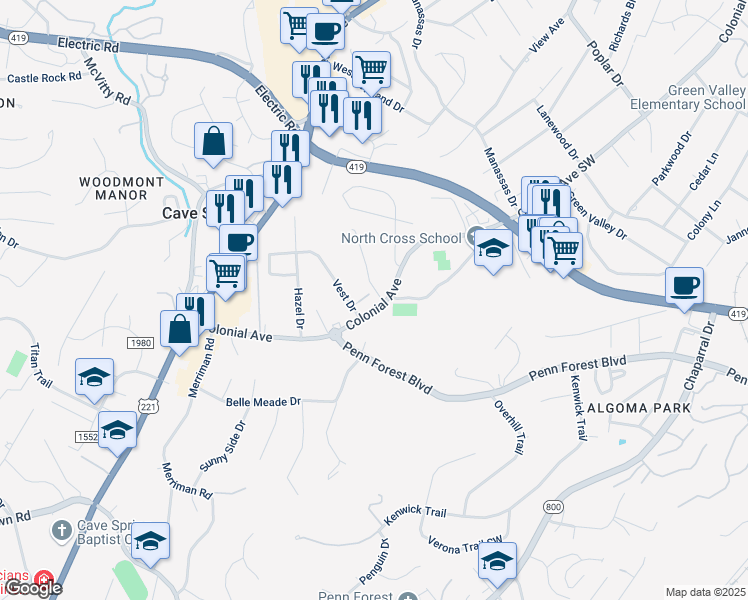 map of restaurants, bars, coffee shops, grocery stores, and more near 4523 Colonial Avenue in Cave Spring