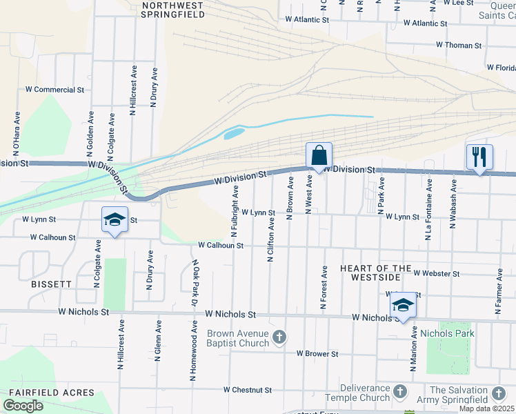 map of restaurants, bars, coffee shops, grocery stores, and more near 1404 North Ethyl Avenue in Springfield