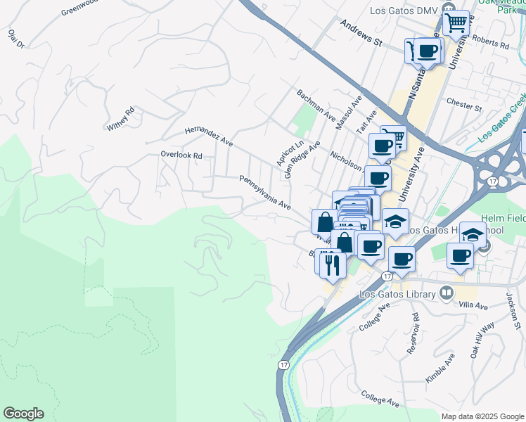 map of restaurants, bars, coffee shops, grocery stores, and more near 75 Fairview Plaza in Los Gatos