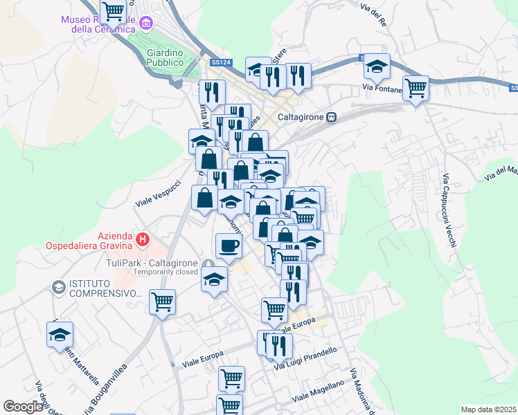 map of restaurants, bars, coffee shops, grocery stores, and more near 82 Viale M. Milazzo in Caltagirone