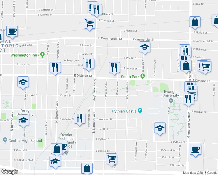 map of restaurants, bars, coffee shops, grocery stores, and more near 1432 North Prospect Avenue in Springfield
