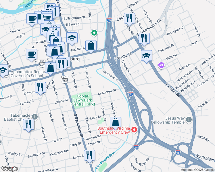 map of restaurants, bars, coffee shops, grocery stores, and more near 303 Webster Street in Petersburg