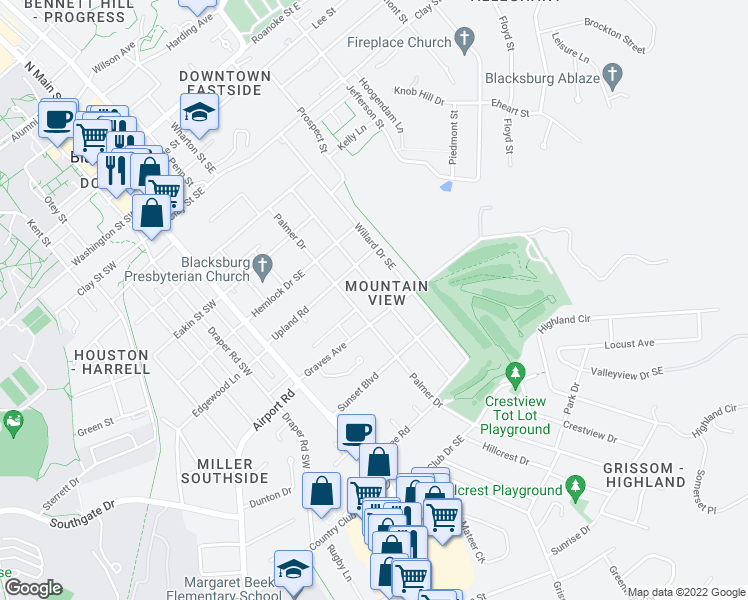 map of restaurants, bars, coffee shops, grocery stores, and more near 323 Graves Avenue in Blacksburg