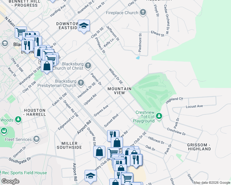 map of restaurants, bars, coffee shops, grocery stores, and more near 323 Graves Avenue in Blacksburg