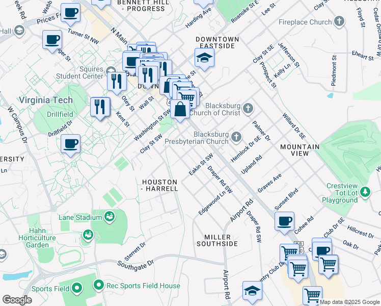 map of restaurants, bars, coffee shops, grocery stores, and more near 600 Draper Road Southwest in Blacksburg