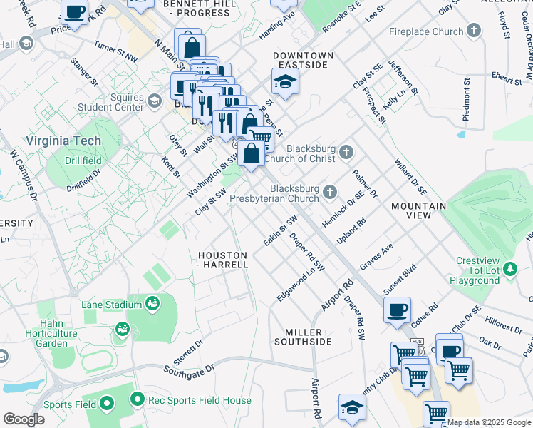 map of restaurants, bars, coffee shops, grocery stores, and more near 600 Draper Road Southwest in Blacksburg