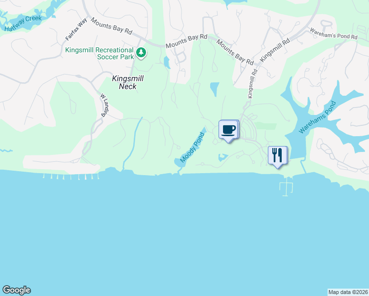 map of restaurants, bars, coffee shops, grocery stores, and more near Dock Landing in Williamsburg