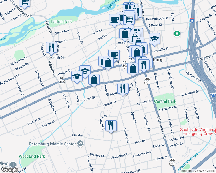 map of restaurants, bars, coffee shops, grocery stores, and more near 42 Perry Street in Petersburg