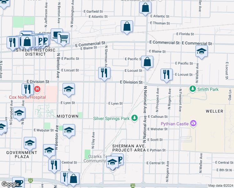 map of restaurants, bars, coffee shops, grocery stores, and more near 1432 North Texas Avenue in Springfield