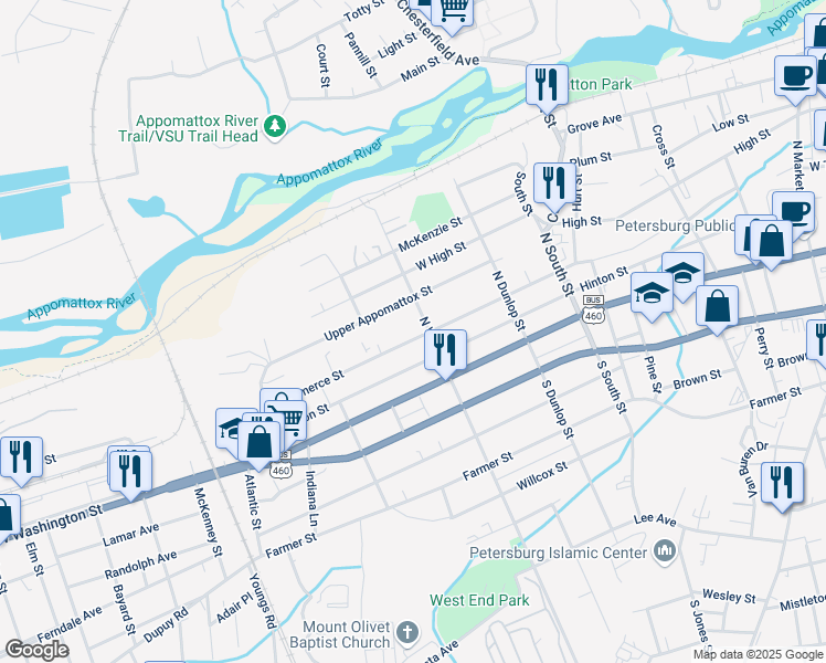 map of restaurants, bars, coffee shops, grocery stores, and more near 1112 Upper Appomattox Street in Petersburg