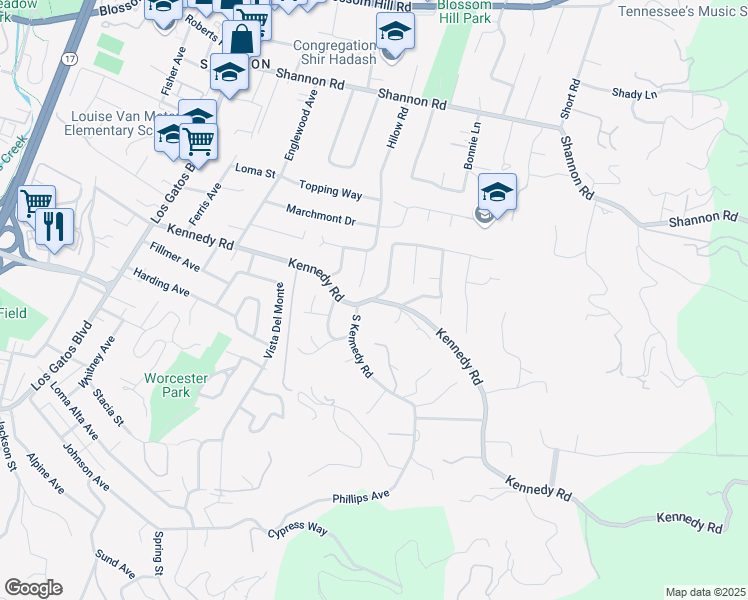 map of restaurants, bars, coffee shops, grocery stores, and more near 16497 South Kennedy Road in Los Gatos