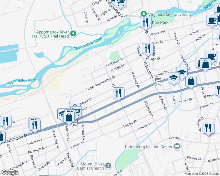 map of restaurants, bars, coffee shops, grocery stores, and more near 1112 Upper Appomattox Street in Petersburg