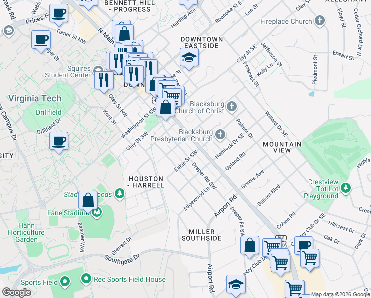 map of restaurants, bars, coffee shops, grocery stores, and more near 101 Eheart Street Southwest in Blacksburg