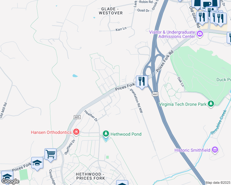 map of restaurants, bars, coffee shops, grocery stores, and more near 1004 Gustafson Avenue in Blacksburg