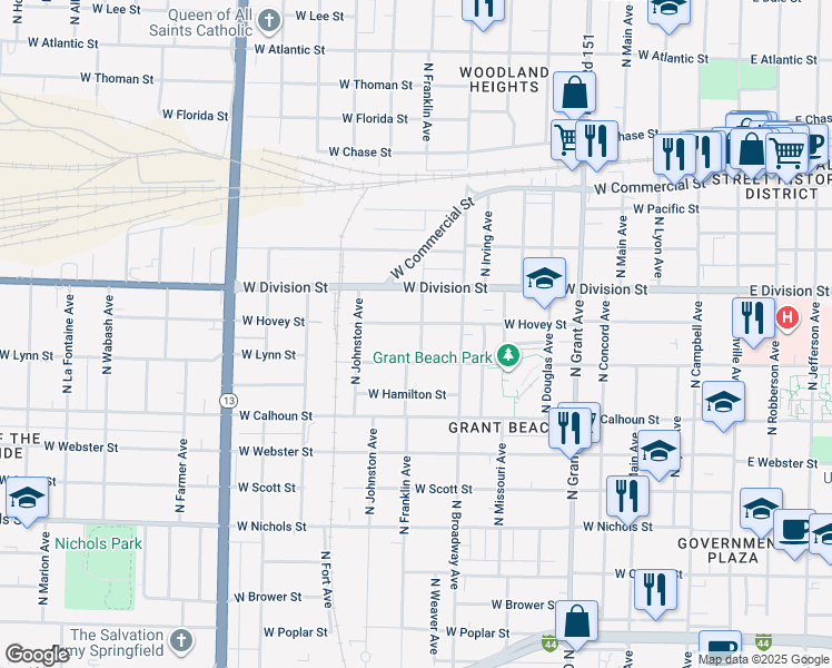 map of restaurants, bars, coffee shops, grocery stores, and more near 1101 West Hovey Street in Springfield