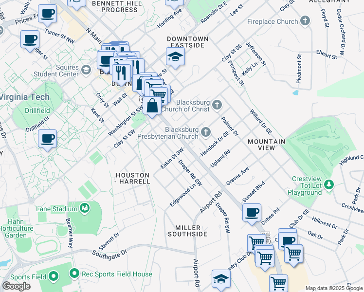 map of restaurants, bars, coffee shops, grocery stores, and more near 103 Mountain View Drive Southeast in Blacksburg