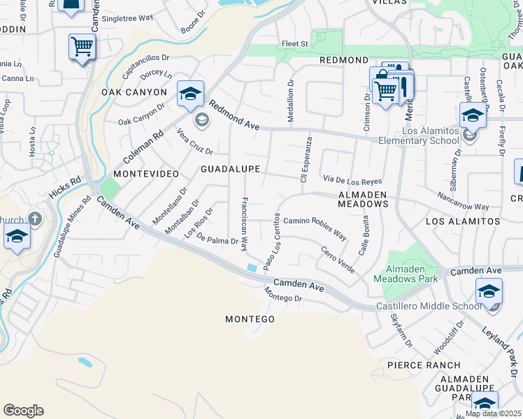 map of restaurants, bars, coffee shops, grocery stores, and more near 6138 Franciscan Court in San Jose