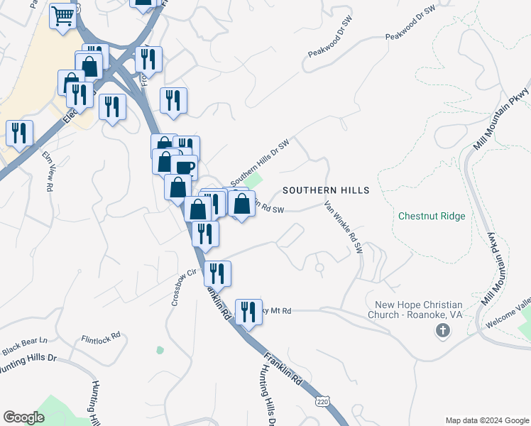 map of restaurants, bars, coffee shops, grocery stores, and more near 4305 Griffin Road Southwest in Roanoke