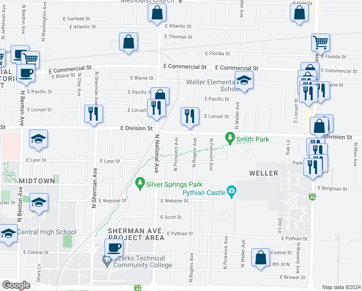 map of restaurants, bars, coffee shops, grocery stores, and more near 1438 North Prospect Avenue in Springfield
