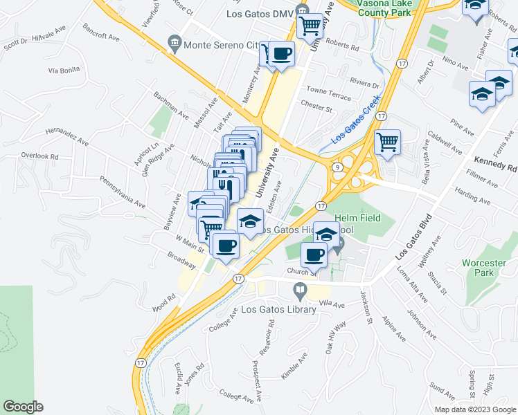 map of restaurants, bars, coffee shops, grocery stores, and more near 202 University Avenue in Los Gatos